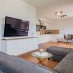 Gemütlicher Wohnraum mit Sofa und Fernseher, offene Küche im Hintergrund der Ferienwohnung Hoferlitzlhubgut in Mittersill. thumbnail