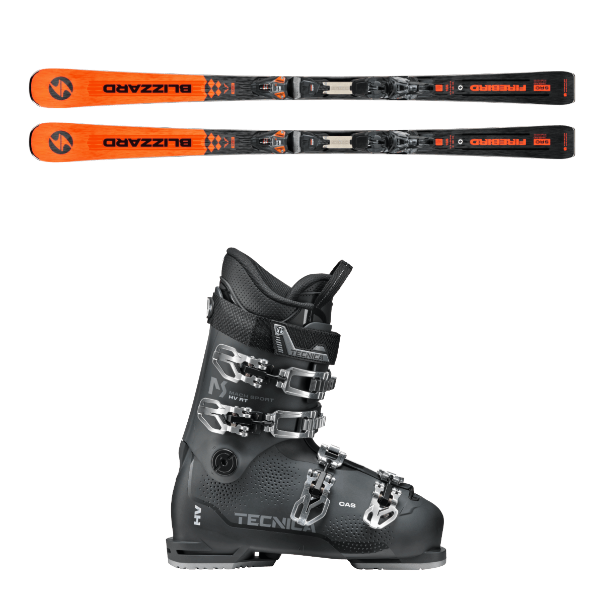 Blizzard Firebird WRC Ski und Tecnica Mach Sport Skischuhe im Snow Experts Verleih, kombiniert für präzise Abfahrten und hohen Komfort auf der Piste.
