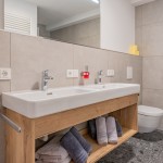 Doppelwaschbecken mit WC im Hintergrund im modern-funktionalen Ferienhaus Hoferlitzlhubgut in Mittersill. thumbnail