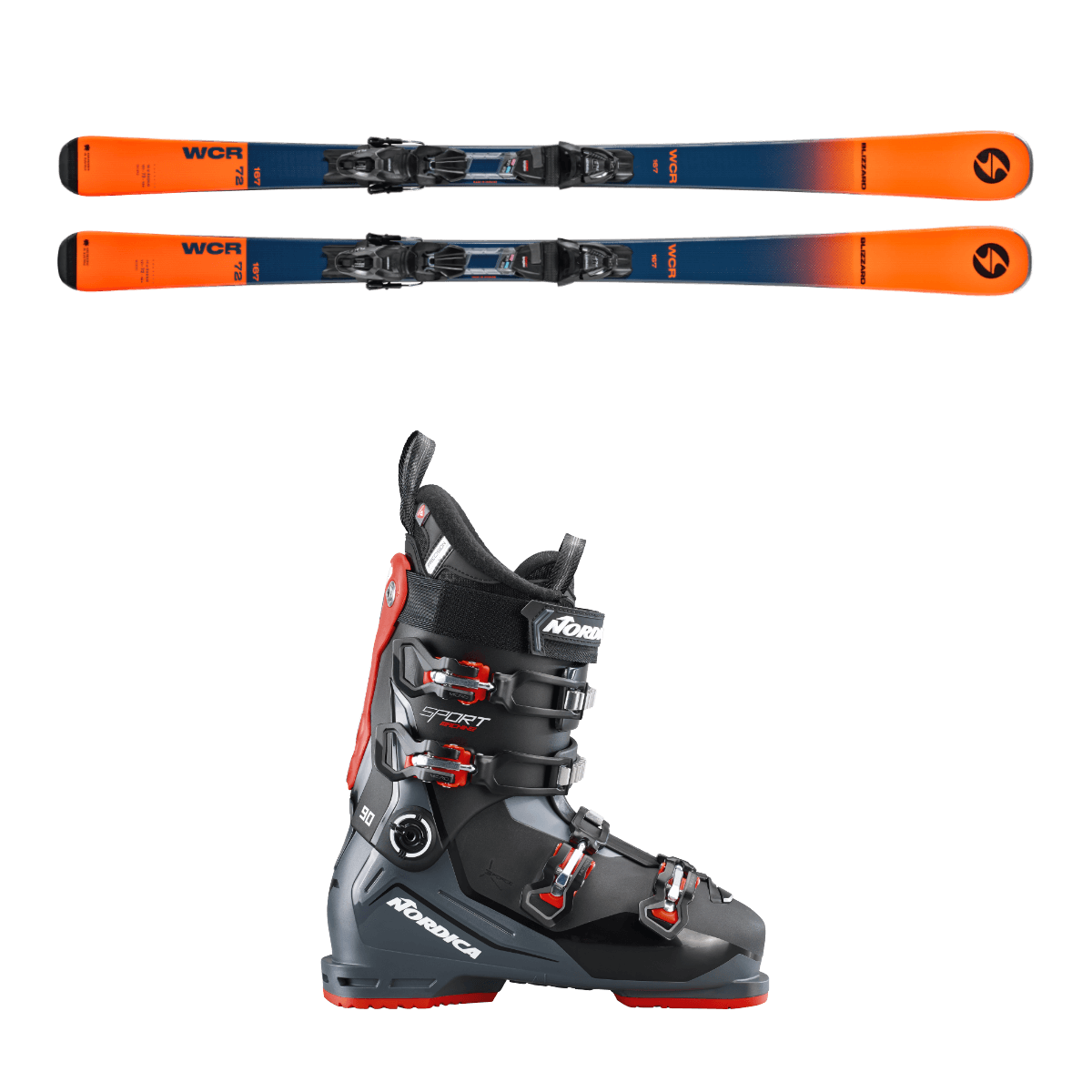 Blizzard WCR Ski und Nordica Sportmachine Skischuhe im Snow Experts Verleih, Kombination aus Rennperformance und Komfort für anspruchsvolle Skifahrer.